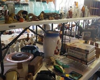 bottles, crock, cake plate, books