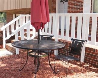 Metal patio table with 2 chairs and umbrella