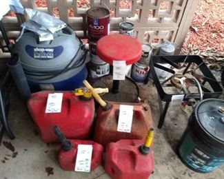 Shop vac, gas cans, propane burner