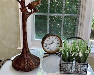 Super cute metal lamp w/bird; Clock; Lilly-of-the -Valley flowers