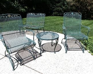 2 Green Wrought iron rocker patio chairs w/matching table