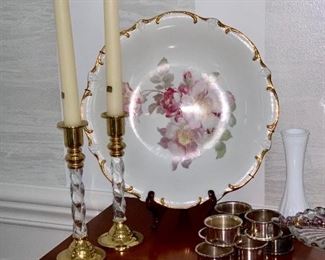 Partylite Candlesticks, hand-painted plate, and napkin rings