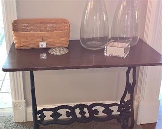 Wood table w/wrought iron legs, Longaberger basket, 2 matching tall glass vases