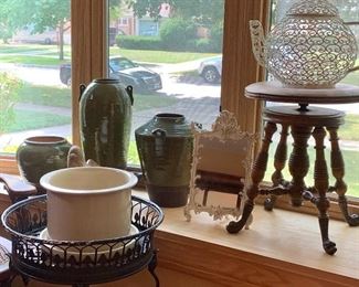  3  Beautiful large green  glazed clay planters/vase, white wrought iron vintage mirror, vintage piano stool w/claw feet, wrought iron vintage teapot 