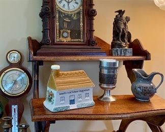  Stunning vintage mantle clock, Irish cottage liqueur bottle, bronze angel figurine 