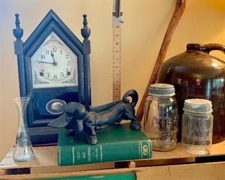  Vintage mantle clock made in the USA, cast iron Dachshund shoe  scraper, Atlas mason jars w/original lids, vintage crock jug 