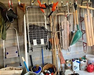 2 Vtg.  Wood  sleds, grocery cart, step ladder, lots of miscellaneous garden tools and lawn products 