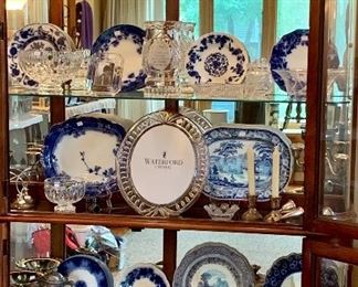  Collection of beautiful blue and white plates and trays, Waterford frames, bowls, jars, sterling silver candlesticks,