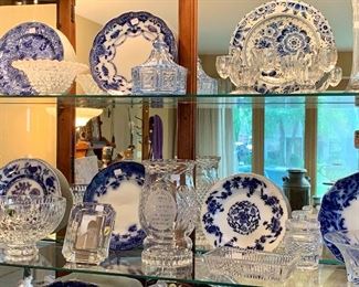 Waterford bowls, frames w/boxes, candle sticks and blue and white plates and severing trays