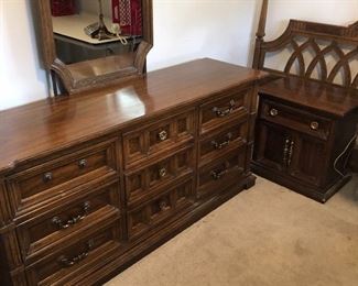 MCM bedroom set....dresser & mirror,  chest of drawers, night stand, headboard and frame