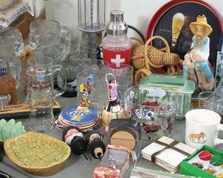 Vintage barware, Jim Beam decanters, beer trays