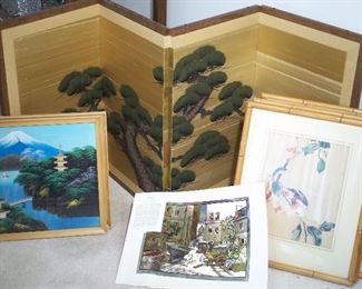 Asian screen, silk paintings and Lionel Barrymore artwork