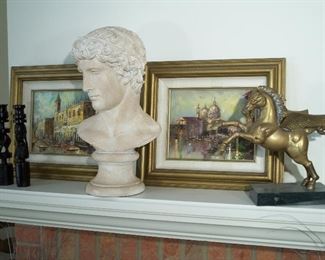 Mediterranean oil paintings, bust and brass Pegasus