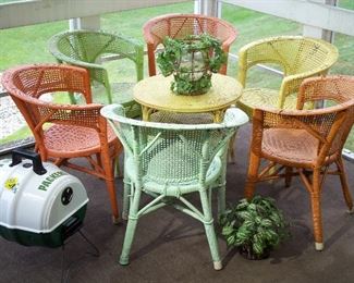 Wicker patio chairs and table, Packers keg grill