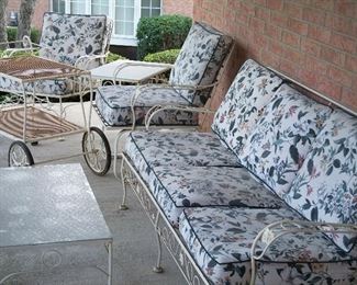 Patio set with sofa, 2 chairs, 2 tables and bar / plant cart