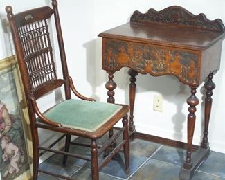 Antique chair and desk with lighted vanity inside