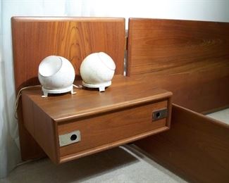 Mid-Century modern queen-size bed frame with 2 side "floating" nightstands. 60's eyeball spotlights