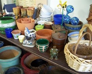 Ceramic pots, baskets and glass watering bulbs
