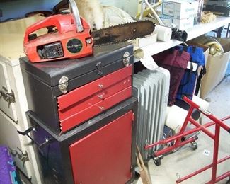 Tool chest, chainsaw, electrician wire spool caddy