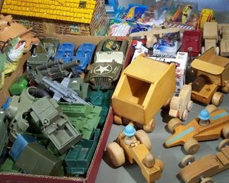 Vintage wood toys, cast and tin military toys