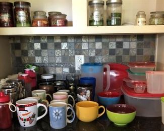 Kitchen Asst: Mugs, Bowls, Plastic Storage, Candles...