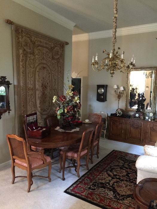 Beautiful formal dining table, leaves, 6 chairs, sideboard and huge needlepoint.