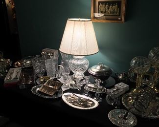 Waterford lamp, lots of crystal and silver-plate items.