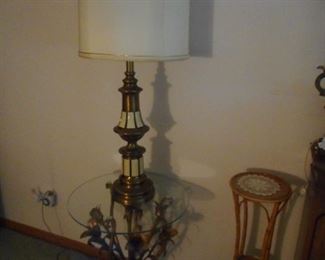 Gold Gilt Tole Occasional Table with Glass Top. Gold White Ceramic Table Lamp