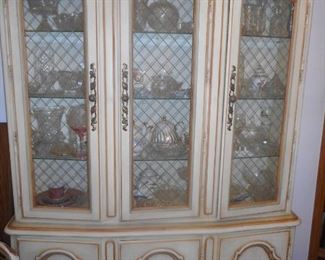 Drexel Furniture White Hand Carved Hollywood Regency Curio China Cabinet, Filled. Brass Lattice Doors, Glass Shelves, Storage