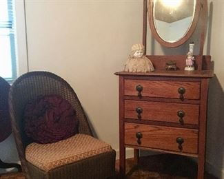 Three Drawer Vanity and Antique Wicker