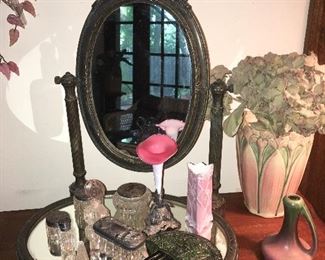 Victorian Vanity Tray/Mirror. Silverplate/Cut Glass Toiletry Jars/Bottles