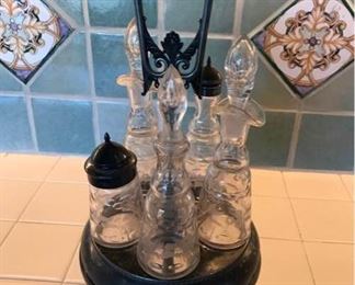 Antique French Oil and Vinegar Bottles and Stand
