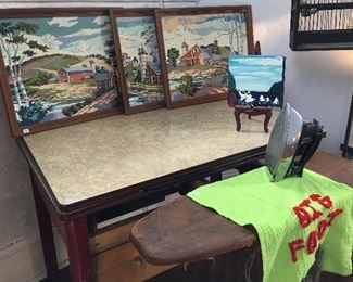 Paint by number triptych, cool table with two leafs and ironing board inside