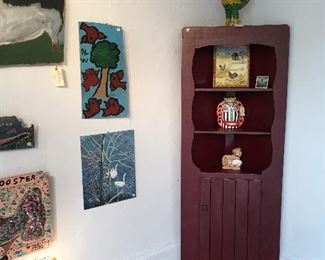 Tractor wall sconce pair, more art and corner cabinet