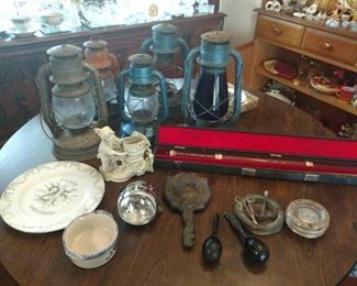 Antique Lanterns, Old Pool Cue in Case, Old Hand Mirrors, and more