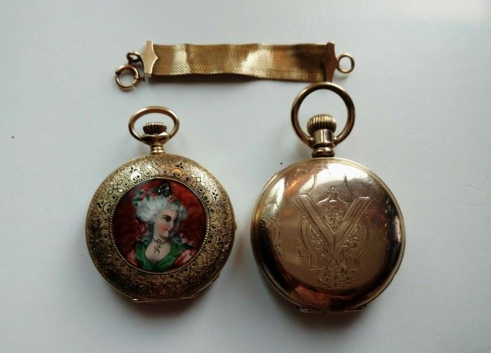 14K Gold pocket watch 17 jewels Swiss Locle Nathile Case with Longines mechanics with gorgeous Guilloche enamel design and comes with 14K strap; and gold filled pocket watch