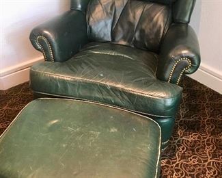  Dark green leather chair and ottoman 