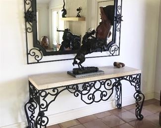 Wrought iron/stone top console table & matching iron mirror 