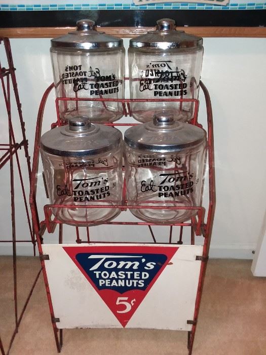 Tom's Toasted Peanuts Display Rack - Jars included have Rare Chrome Lids