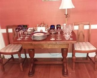 English Tiger Oak Pub Table w/ Pair of Matching Art Deco Chairs