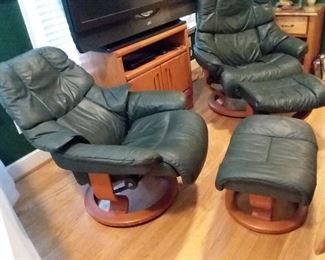 Mid Century - Ekornes -Made in Norway Pair of Leather Recliners with Ottomans ( showing reclined position)