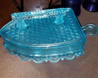 Vintage aqua glass iron candy/butter dish