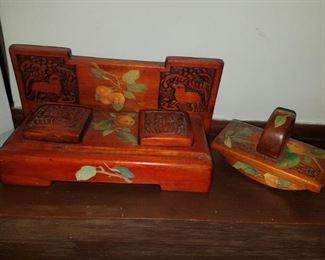 Wood desk ink well set