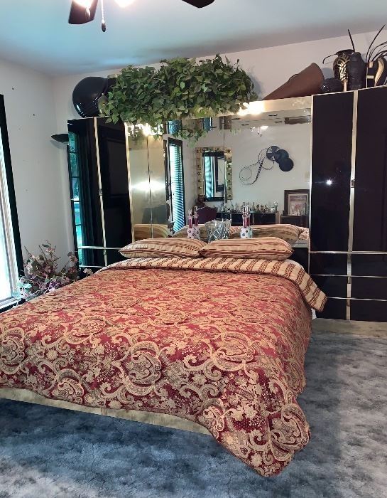 Black Glass and brass Ello Queen Bedroom set/mattress; back mirrored Pier and side cabinets.  Cost new for set: $8,000.00.  selling for $1,500.00 WILL NOT BE 70% OFF