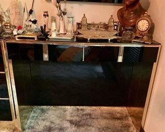 Black Glass and brass Ello Queen Bedroom set-back mirrored Pier and side cabinets.  Cost new for set: $8,000.00.  WILL NOT BE 70% OFF