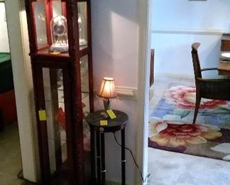 Display cabinet, marble top plant stand, floral runner