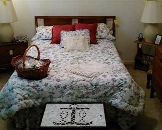 Another Mid Century Modern bed with matching side table, chest of draws and dresser with mirror, mosaic anchor table.