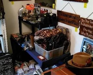 Eye catching signs, camo gloves, hunting accessories, baseball cards, wood file cabinet, etc.