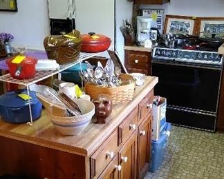 LeCreuset cookware, Ronco knife sets, Staub roaster, vintage cook books, step-on can.