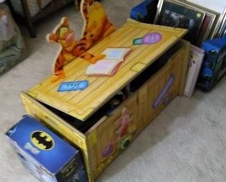 Great toy chest with safety lid, Batman items, framed art work